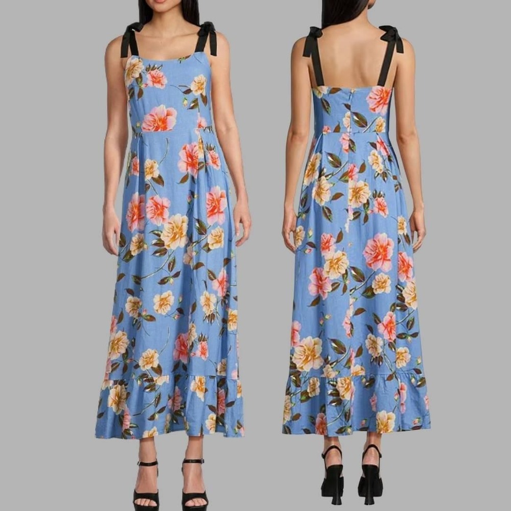 GB Floral Print Grosgrain Tie Maxi Dress Sz Xl Blue Floral Lined Brunch - Picture 1 of 8